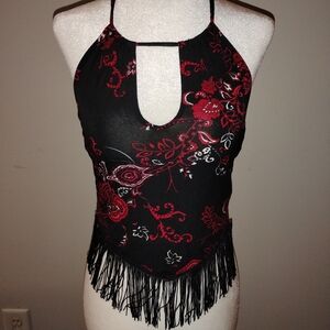 Black & Red Floral Halter Fringe Top